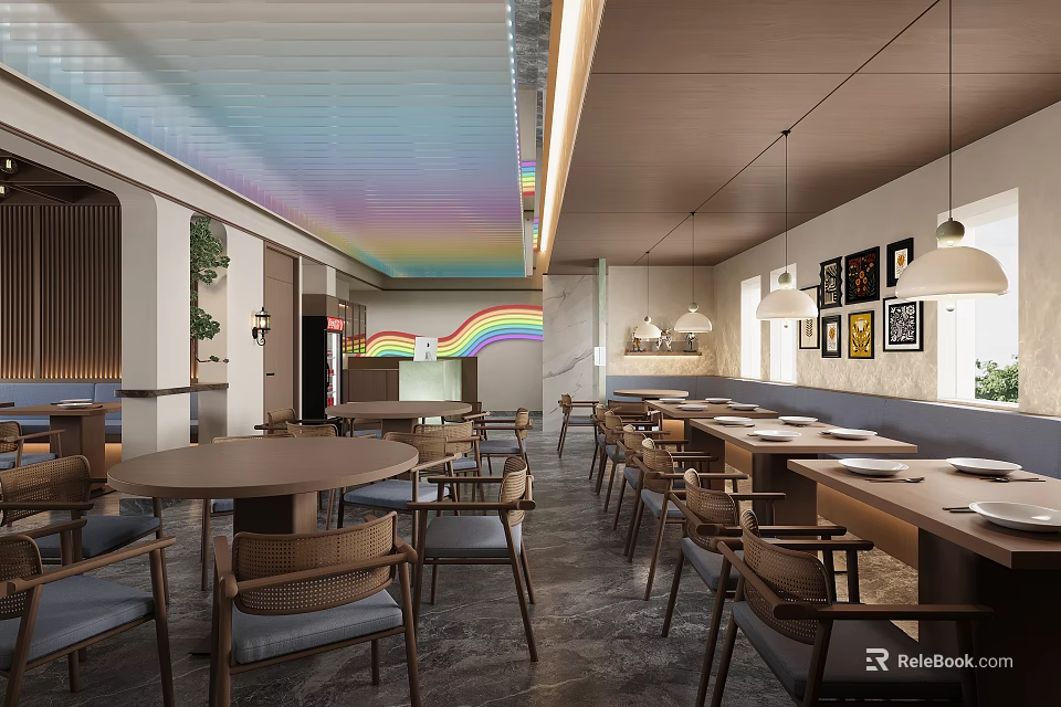 Restaurant Interior With Colorful Rainbow Ceiling Dining Tables Chairs Hanging Lamps And Wall Decorations 3d model 
