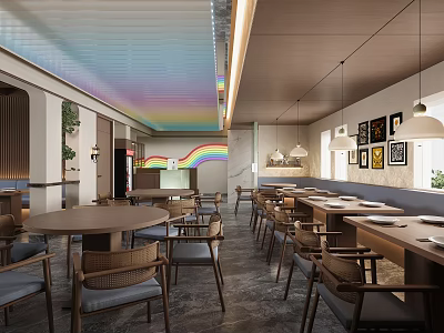 Restaurant Interior With Colorful Rainbow Ceiling Dining Tables Chairs Hanging Lamps And Wall Decorations 3d model