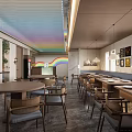 Restaurant Interior With Colorful Rainbow Ceiling Dining Tables Chairs Hanging Lamps And Wall Decorations