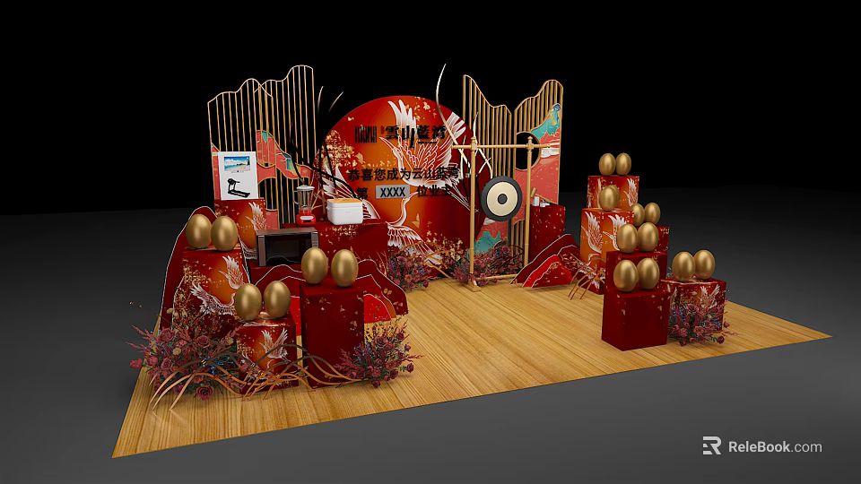 Festive Opening Ceremony Setup With Red Decorations Golden Eggs Big Drum And Wooden Floor 3d model 