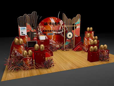 Festive Opening Ceremony Setup With Red Decorations Golden Eggs Big Drum And Wooden Floor 3d model