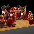 Festive Opening Ceremony Setup With Red Decorations Golden Eggs Big Drum And Wooden Floor
