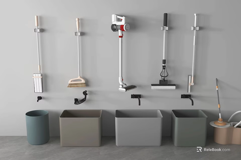 Various Wall Mounted Cleaning Tools and Storage Bins for Home Use 3d model 