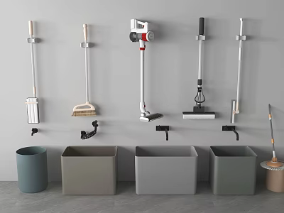 Various Wall Mounted Cleaning Tools and Storage Bins for Home Use 3d model