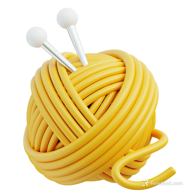Decorative Ornament Set Featuring Yellow Yarn Ball and Silver Knitting Needles with White Round Tips 3d model 