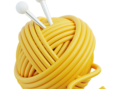 Decorative Ornament Set Featuring Yellow Yarn Ball and Silver Knitting Needles with White Round Tips 3d model