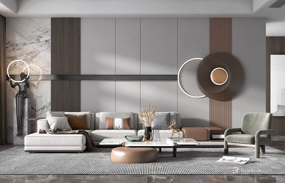 Modern Living Room Interior Design With Comfortable Sofa And Decorative Wall Art 3d model 