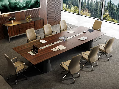 Wooden Conference Table With Leather Chairs Large Windows And Scenic View In Modern Office 3d model