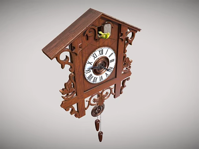 Wooden Cuckoo Clock With Carved Design Roman Numeral Dial And Pendulum 3d model