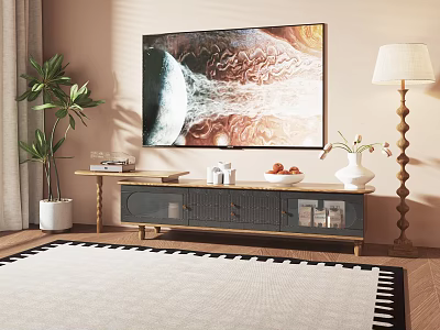 Modern TV Stand With Wooden Frame Gray Cabinet TV Screen And Decorative Elements 3d model