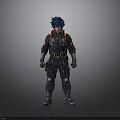 Futuristic Character With Blue Hair In Black And Orange Armored Suit Standing Pose