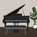 Black Grand Piano Interior With Wooden Floor Light Wall And Green Plant Bench