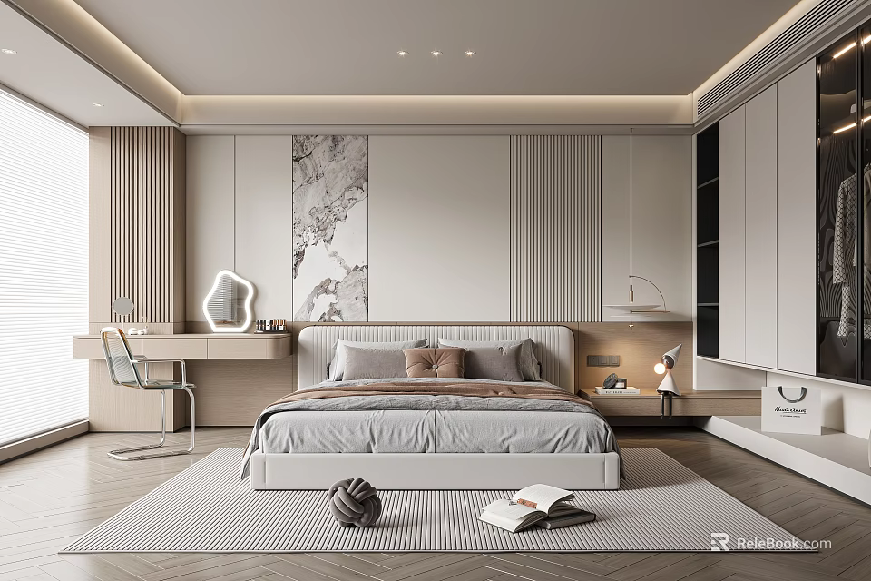 Modern Bedroom Interior Design With Comfortable Bed Area Rug Desk Chair And Wardrobe 3d model 