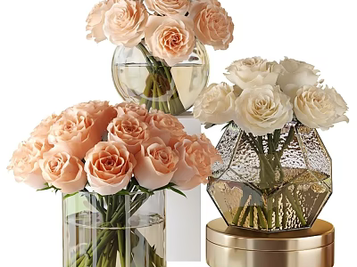 Beautiful Pink And White Roses Flower Arrangement In Decorative Glass Vases With Metallic Bases 3d model