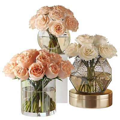 Beautiful Pink And White Roses Flower Arrangement In Decorative Glass Vases With Metallic Bases 3d model