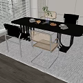 Modern Black Dining Table Set With Mixed Chairs And Green Plant On Wooden Floor
