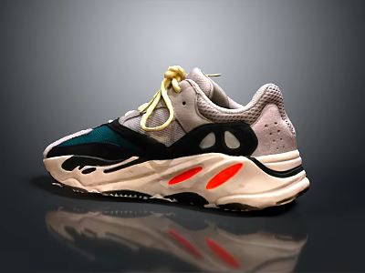 Stylish Modern Sneakers With Gray Upper Orange Accents Yellow Laces And Thick Wavy Sole Design 3d model