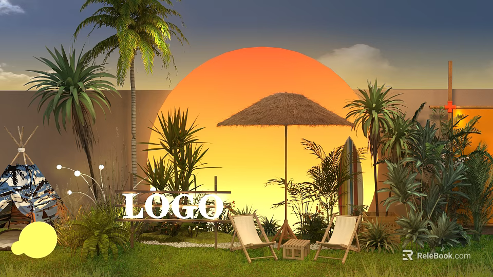 Tropical Sunset Photo Spot With Palm Trees Thatched Umbrella Surfboard Deck Chairs And Lush Greenery 3d model 