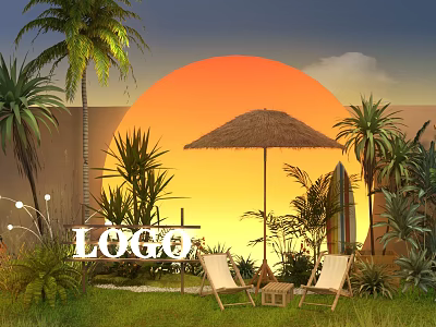 Tropical Sunset Photo Spot With Palm Trees Thatched Umbrella Surfboard Deck Chairs And Lush Greenery 3d model