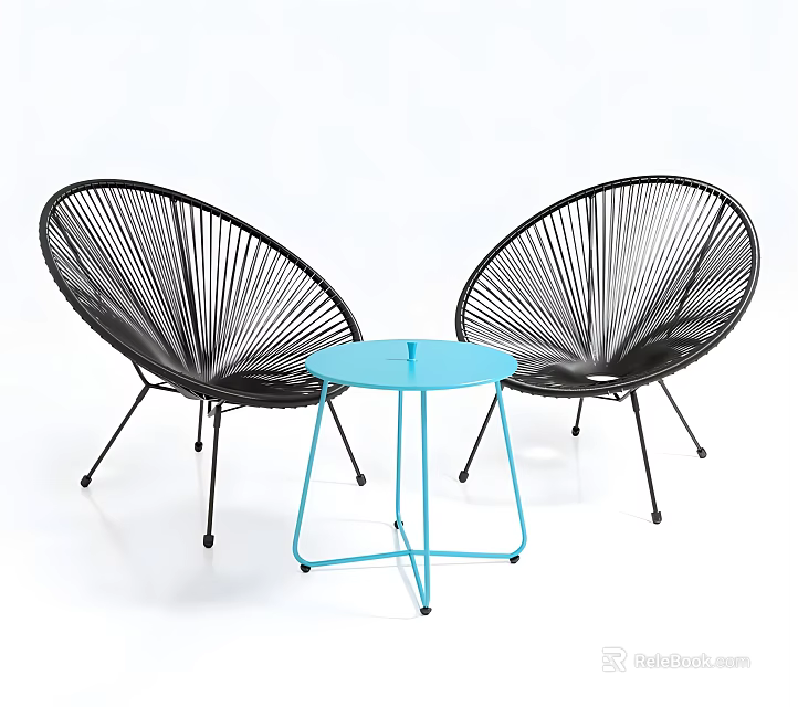 Modern Outdoor Furniture Set With Black Rattan Chairs And Blue Round Table 3d model 