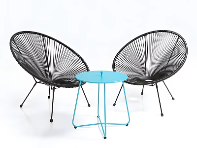 Modern Outdoor Furniture Set With Black Rattan Chairs And Blue Round Table 3d model