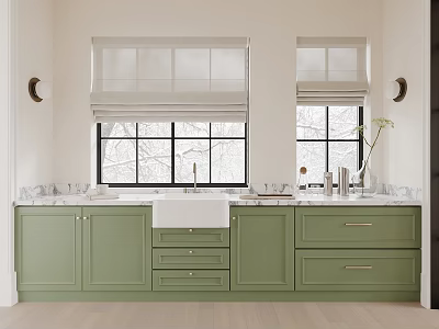 Kitchen With Green Cabinets Marble Countertops Windows Roller Blinds And Sink 3d model