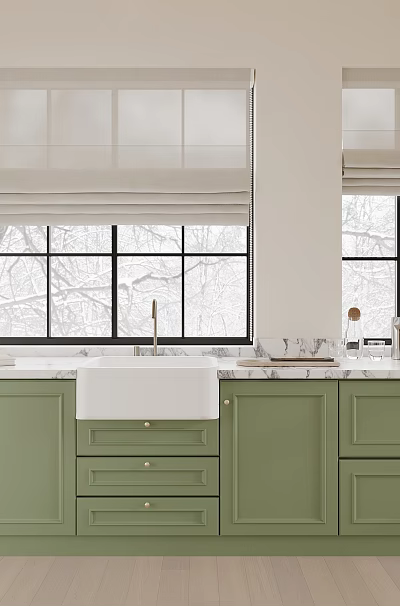 Kitchen With Green Cabinets Marble Countertops Windows Roller Blinds And Sink 3d model