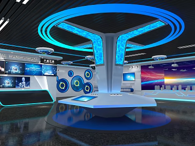 High Tech Modern Control Room With Multiple Screens Blue Lighting And Central Console 3d model