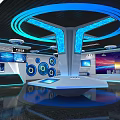 High Tech Modern Control Room With Multiple Screens Blue Lighting And Central Console