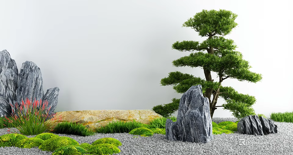 Natural Courtyard Garden With Pine Tree Rocks Green Grass And Gravel 3d model 