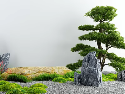 Natural Courtyard Garden With Pine Tree Rocks Green Grass And Gravel 3d model