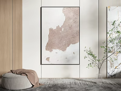 Modern Interior With Abstract Painting Wooden Wall Bean Bag Sofa And Green Plant 3d model