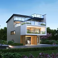 Modern Detached Villa With Balcony Large Windows Outdoor Greenery And Scenic Landscaped Garden