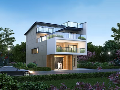 Modern Detached Villa With Balcony Large Windows Outdoor Greenery And Scenic Landscaped Garden 3d model