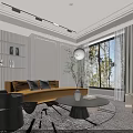 Modern Bright Living And Dining Room With Stylish Curved Sofa And Large Landscape Window