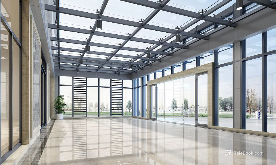 Modern Store Front Desk With Glass Windows And Elegant Marble Floor Design 3d model 