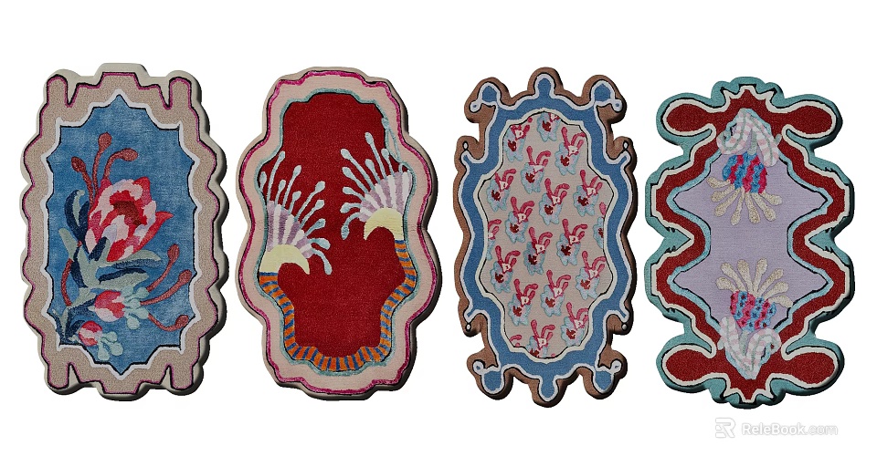 Assorted Stylish Rugs With Unique Shapes And Vibrant Colorful Patterns 3d model 
