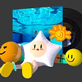 Star Shaped Decorative Pillow With Smiley Faces Yellow Balls And Vinyl Record Design