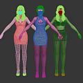 Three Female Characters In Different Dresses With High Heels Standing On Gray Background