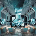 Modern KTV Interior With Blue Lighting Sofas Coffee Tables And Wall Screens 3d model