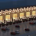 Commercial Street Night View With Hanging Illuminated Lanterns Modern Facade And Parked Cars