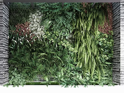 Lush Green Living Plant Wall With Vertical Garden Design And Foliage Decor 3d model