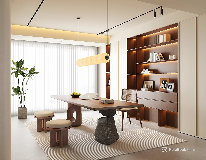 Modern Study Room Interior With Wooden Desk Built-in Bookshelves And Pendant Light 3d model 
