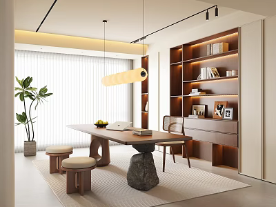 Modern Study Room Interior With Wooden Desk Built-in Bookshelves And Pendant Light 3d model
