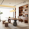 Modern Study Room Interior With Wooden Desk Built-in Bookshelves And Pendant Light