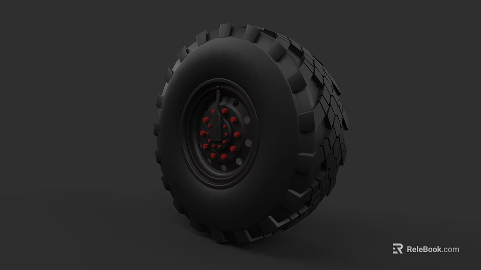 Heavy Duty Off Road Tire With Aggressive Tread Pattern And Red Rim Details 3d model 