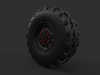 Heavy Duty Off Road Tire With Aggressive Tread Pattern And Red Rim Details 3d model