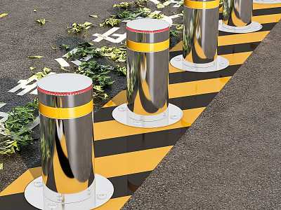 Stainless Steel Road Bollards With Yellow Red Stripes White Base And Yellow Black Warning Lines 3d model