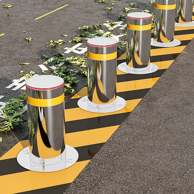Stainless Steel Road Bollards With Yellow Red Stripes White Base And Yellow Black Warning Lines 3d model
