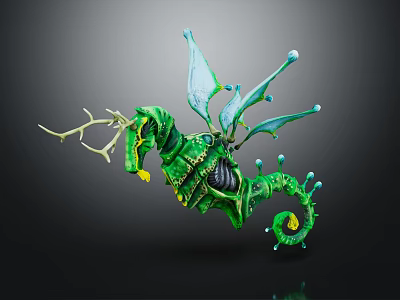 Fantastical Green Seahorse Creature With Antlers Blue Wings And Coiled Tail 3d model